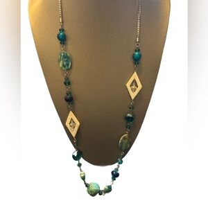 Vintage Green and Blue Beaded Necklace 36”
